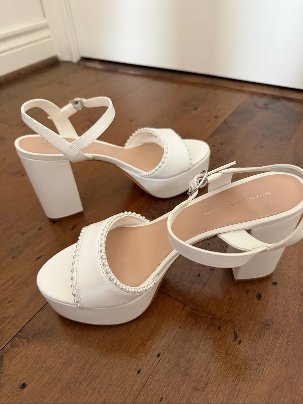 Stuart Weitzman White Platform Block Heel Sandals